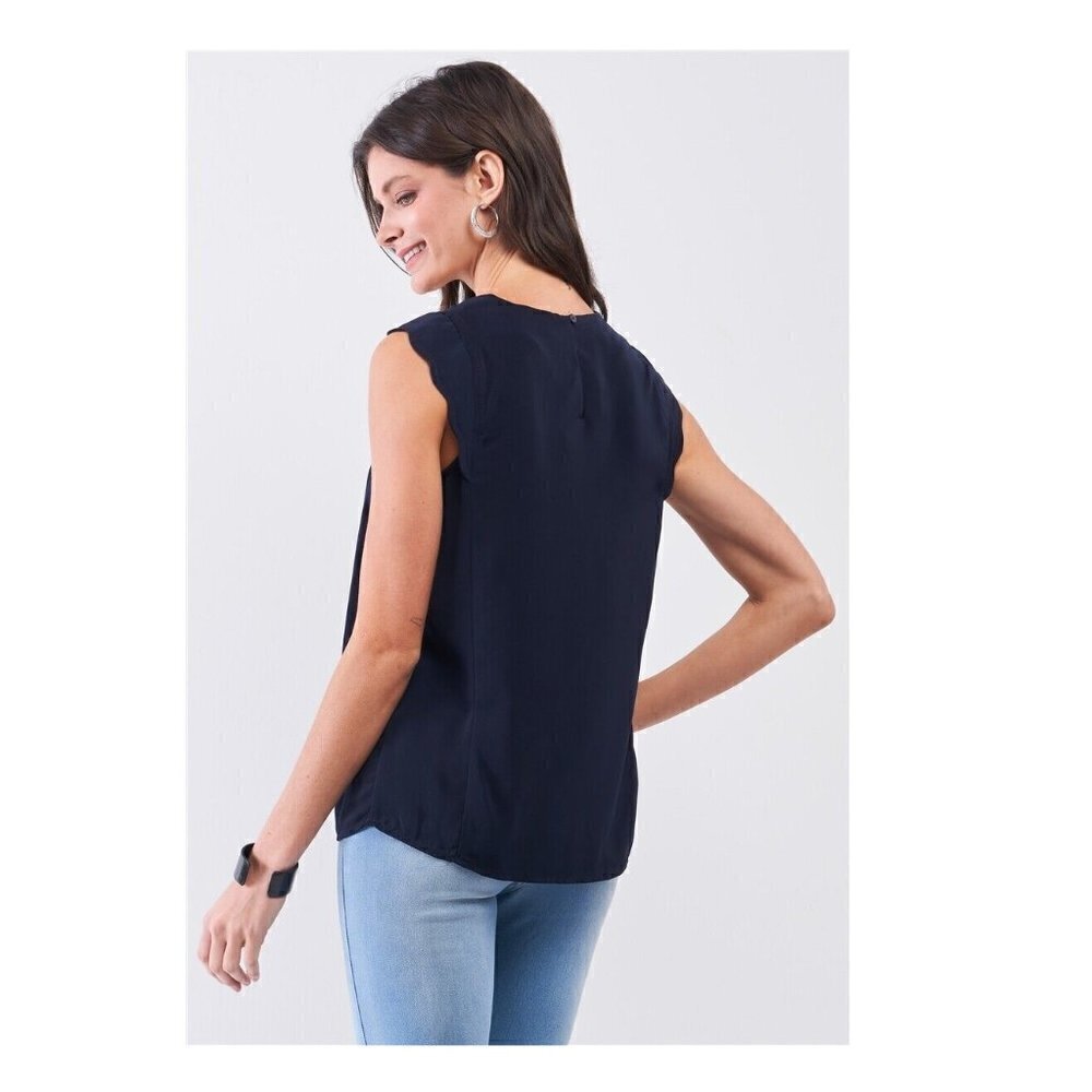 Womens Tank Top Navy Slit Neckline Scallop Hem Shoulder Loose Fit Sugar Lips NEW - Picture 3 of 4